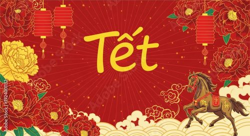 Tet Vietnamese New Year Celebration with Horse and Lanterns.