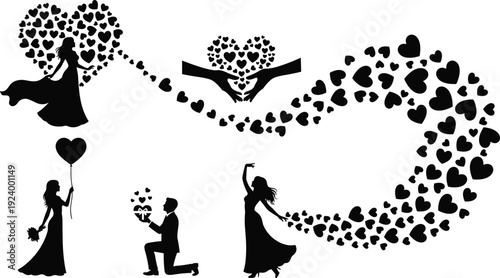 Romantic love silhouette set with hearts couple proposal dancing woman valentine wedding concept vector illustration collection design