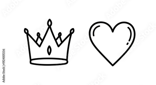 Simple Hand Drawn Crown and Heart Icons.
