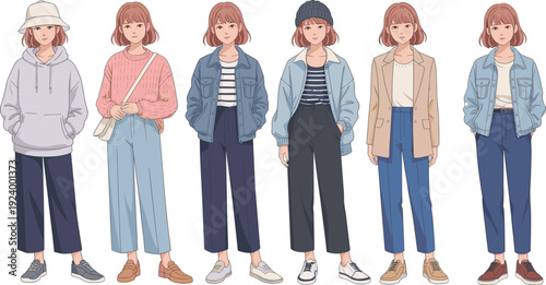 Casual young women fashion vector set, modern girl outfit illustration, street style characters, autumn clothing collection, flat people design