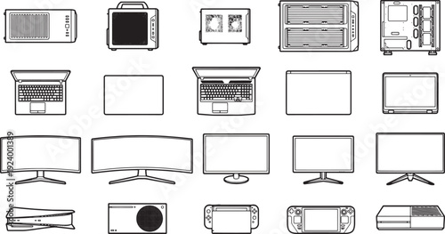 A meticulously drawn, high-angle illustration showcases an array of technological devices, highlighting their sleek designs and functionalities.