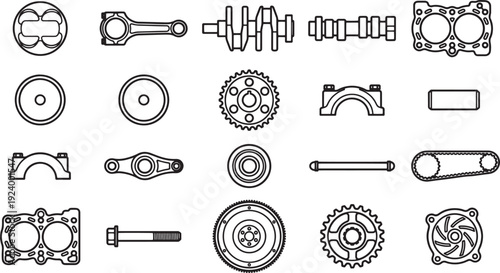 Automotive engine parts arranged in a precise pattern, illustrating an exploded view for a technical or educational context.