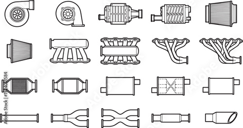 An array of car engine parts presented with precision and clarity, perfect for illustrating the internal workings of vehicles. 