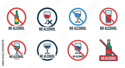 Collection of no alcohol prohibition signs with different beverage depictions