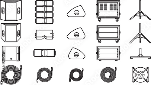 Detailed line art illustration showcasing a variety of audio equipment components, offering a clean, technical aesthetic.