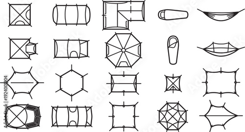 Camping equipment plan view with various outdoor tents, hammocks and sleeping bags.