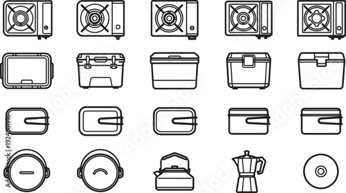 Collection of line art of different camping equipment, perfect for design usage and illustrative purposes. 