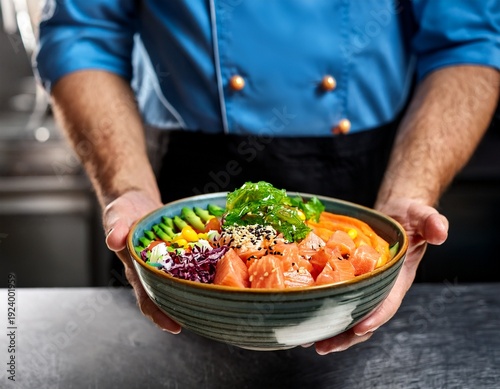 banner of unrecognizable chef showing fresh colorful poke bowl with salmon on restaurant kitchen