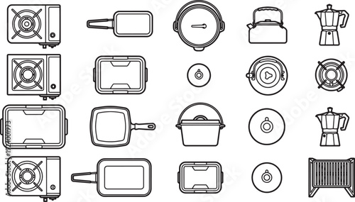 An assortment of kitchen tools is presented in a minimalist, top-down view, featuring iconic kitchen items designed in a simple line art.