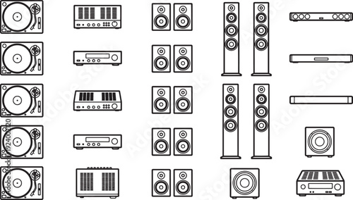 A sleek and detailed black and white illustration of an audio entertainment system.