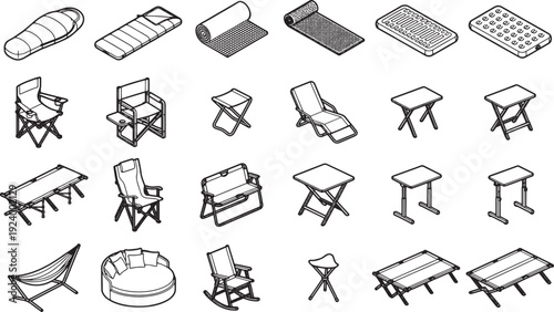 Illustration of camping gears, showing the camping, the essentials and accessories, from sleeping bag to camping chair, everything is prepared.