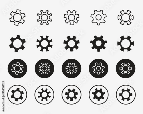 Technical gear and setting icon set collection. Minimalist vector symbols for configuration and mechanical options.