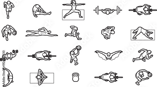 A collection of minimalist icons illustrates a variety of physical activities, promoting fitness and well-being.