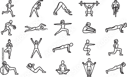 A compilation of line-art illustrations showcasing a variety of fitness exercises, conveying a sense of energy, and activity in graphic design.