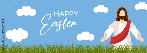 Happy easter illustration with Jesus figure. Christian resurrection concept in flat style. Religious spring holiday banner