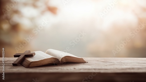 Open Bible and wooden cross on rustic table with warm sunlight, creating a peaceful and inspirational setting perfect for faith-based projects