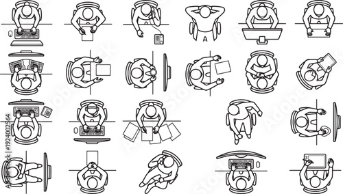 Top-down view of various office layouts, illustrating diverse work arrangements in a modern office environment.