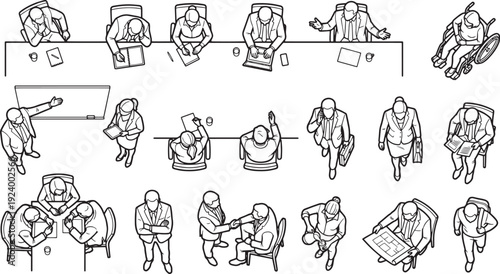 Architectural top view of people engaging in various activities, drawn in a realistic style, ready for architectural design.