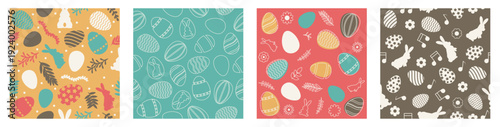 Seamless easter patterns collection in pastel palette. Decorative holiday backgrounds with eggs and rabbits. Modern spring textures
