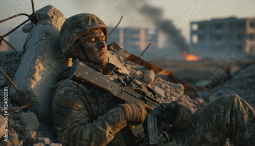 Wallpaper Mural Camouflaged Soldier Resting Against Rubble with Rifle at War Zone Torontodigital.ca