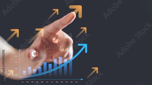 Φωτογραφία Business hand interacting with rising financial growth chart and upward arrows, digital analytics dashboard showing performance metrics, profit increase and strategic investment success concept