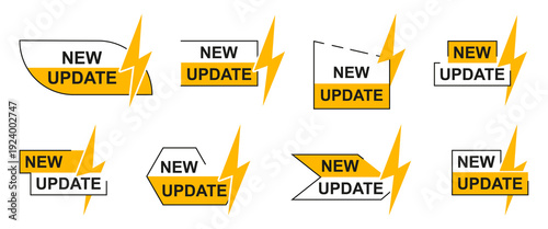 New update label collection with lightning icon. Modern notification badges in yellow style. Digital alert set