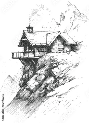 Cabin halftone dither mountain cliff illustration with wooden house on rugged rocky foundation