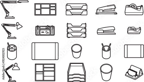 Office Essentials Collection: A meticulously curated illustration showcasing essential office supplies, perfect for any workspace and project.