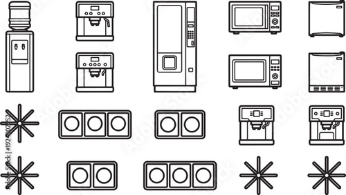 Simple and clean, a range of essential office and breakroom equipment is depicted in a minimalistic outline style, set against a pristine backdrop.