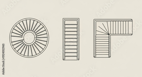 Architectural Staircase Designs - Spiral, Straight, and L-Shaped Configurations.