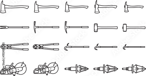 A variety of meticulously designed tools, each serving a unique function, is presented in a detailed and informative illustration. The tools are depicted with precision.
