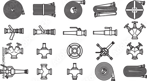 A comprehensive illustration collection of various firefighting tools, artfully arranged on a clean, visually appealing backdrop.
