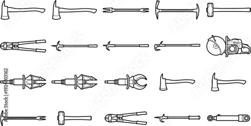 A comprehensive collection of rescue tools illustrated with precision and clarity. A necessary set of equipment for saving life.