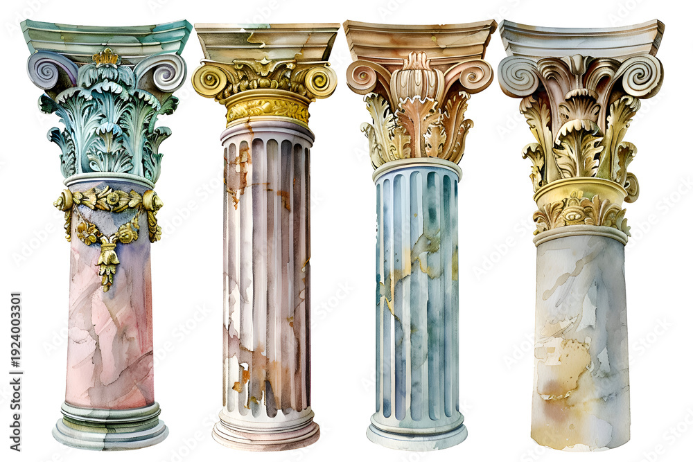 Obraz premium Elegant watercolor illustrations of decorative ancient column tops for artistic design