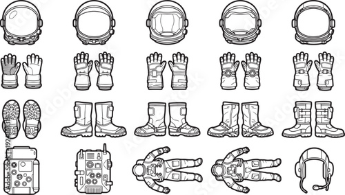 Astronaut equipment, the detailed sketch displays helmets, gloves, boots, and other equipment necessary for space exploration.