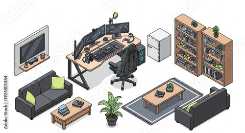 Isometric view of a modern gaming setup with multiple monitors and furniture.