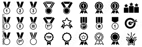 Award medal icon collection in black. Achievement prize and ranking symbols set. Competition reward elements