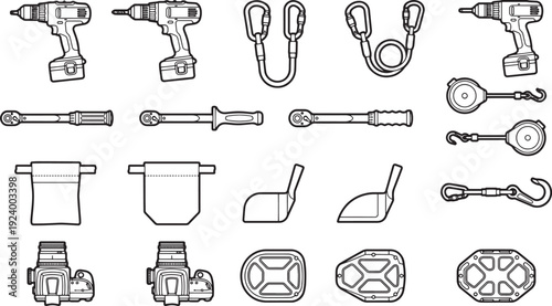 A comprehensive collection of construction equipment and tools essential for various project, offering a detailed glimpse into the instruments utilized in building and industrial activities.