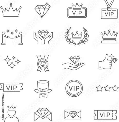 Luxury VIP badge and premium reward line icon set with crown, diamond, medal and exclusive membership symbols vector