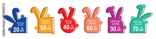 Special offer easter bunny badges collection. Colorful discount shapes with percentage text. Spring promotional elements isolated