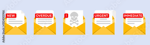 Email notification envelope set in flat style. Message status icons with alert labels. Communication interface elements