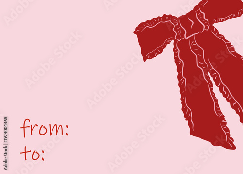 Vertical banner for Valentine's Day. Red bow drawn by hand with a pencil and the inscription from and to. Romantic illustration.