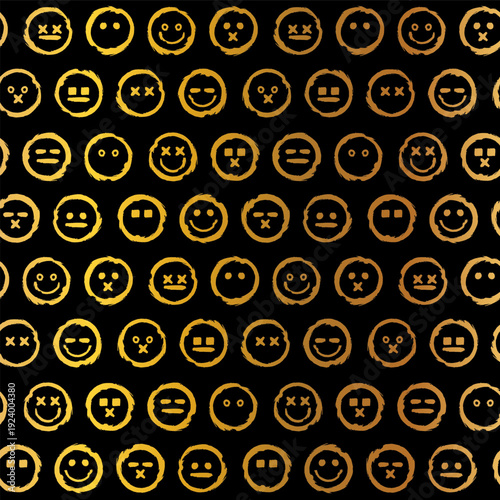 Gold seamless grunge pattern featuring abstract shapes, doodles, scribbles, geometric elements, waves, grids, lines, smiles