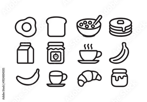 Breakfast Food Icon Set Vector Illustration with Egg, Bread, Pancakes, Coffee, and Fruit