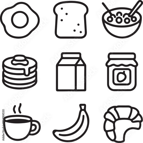  Breakfast Food Icon Set Vector Illustration with Egg, Bread, Pancakes, Coffee, and Croissant