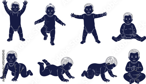 Baby poses silhouette collection, infant crawling sitting standing vector illustration set for parenting, childcare, growth stages and child development design