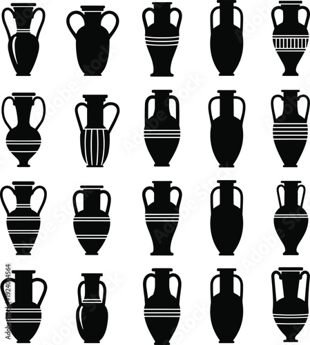 Ancient amphora vase silhouette collection, classical ceramic pottery vector illustration set inspired by Greek and Roman antique decorative vessels design
