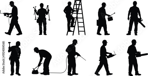 Construction worker silhouette collection, builder with tools ladder drill chainsaw isolated on white background, black industry set