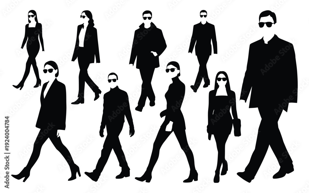 Obraz premium Business people walking in suits and sunglasses group of silhouettes black and white illustration professional crowd