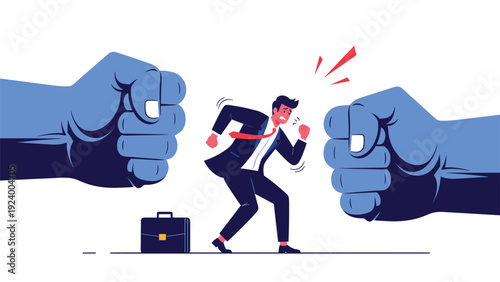 Stressed businessman trapped between two massive clenching fists representing corporate pressure and intense workplace competition.